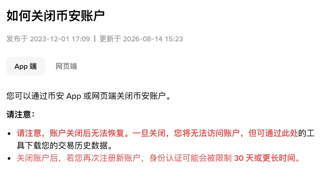 币安关闭账户帮助页开头「请注意」的前两条:账户关闭后无法恢复;再注册新账户时身份认证可能被限制 30 天或更长时间